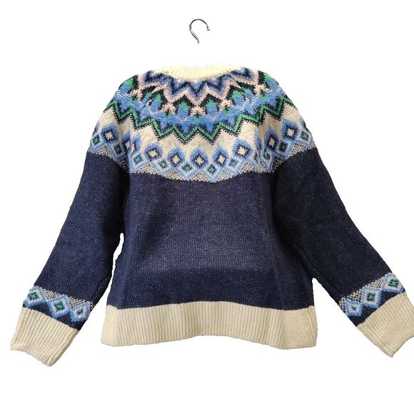 Old Navy Women Sweater Fair Isle Navy Blue Festive Colors Crew Neck Size L - Picture 8 of 9